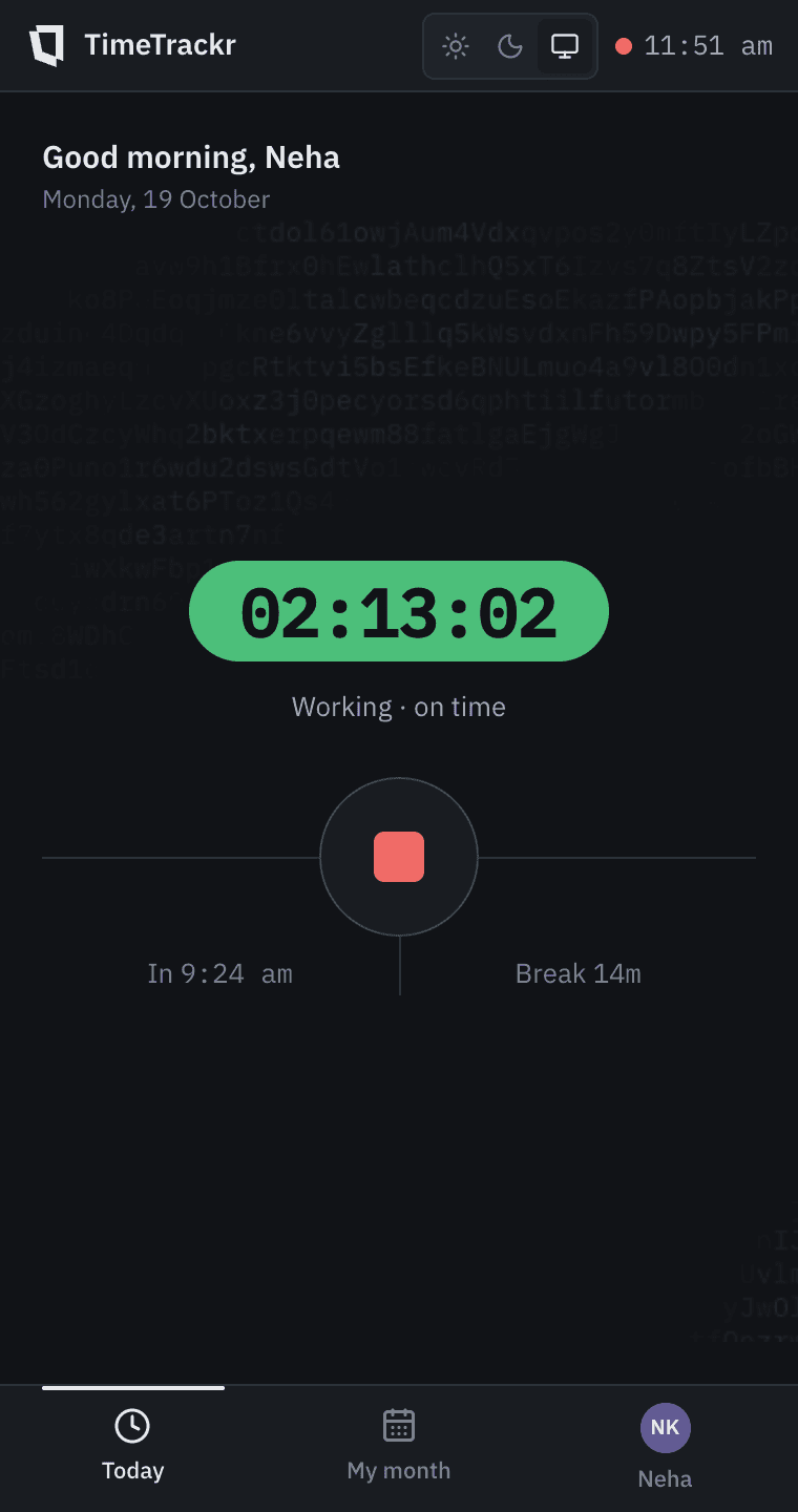 The TimeTrackr tracker: 2 hours 2 minutes worked, working on time, a Stop button, in at 9:24 am, 14 minutes of break