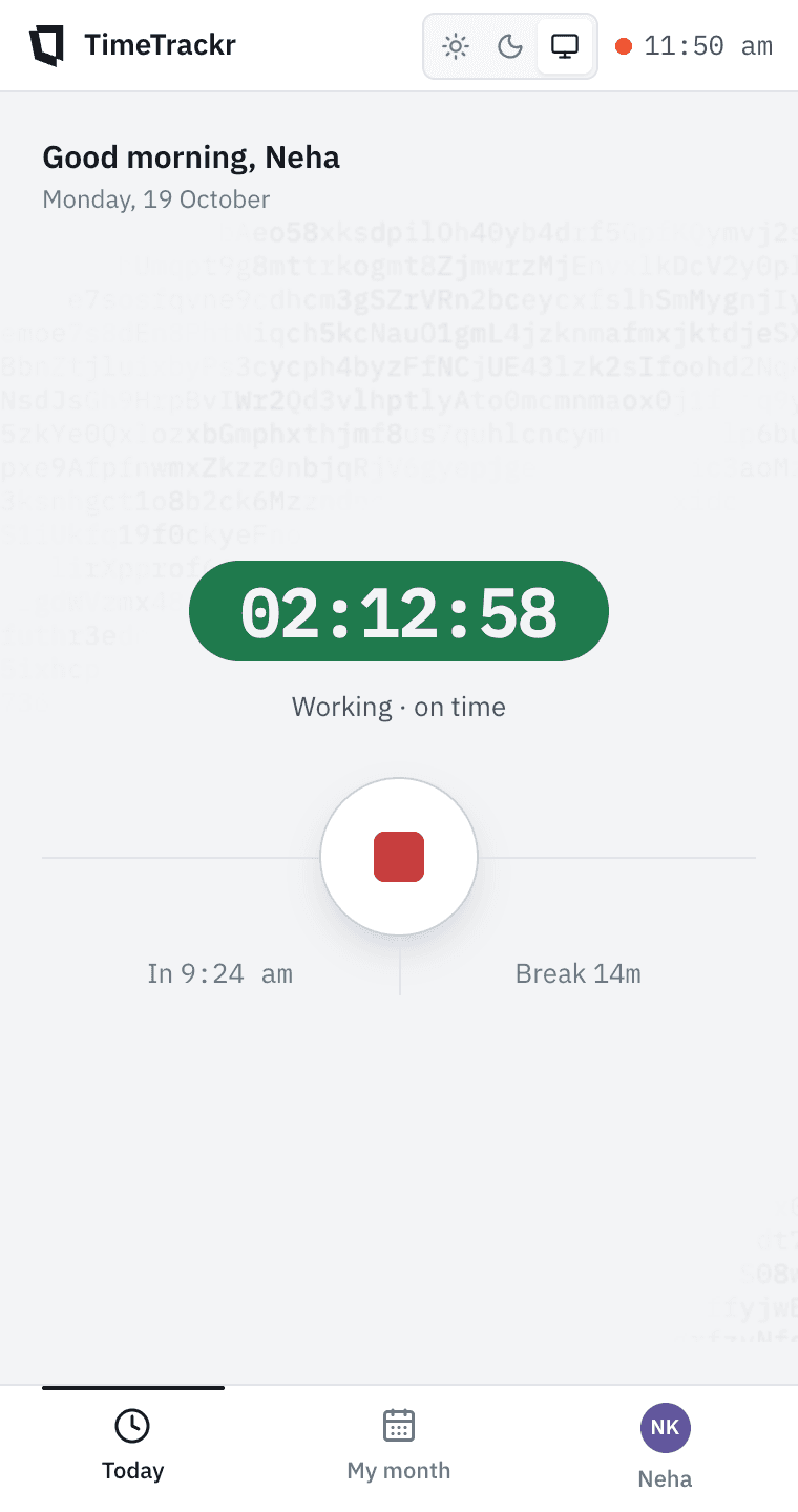 The TimeTrackr tracker: 2 hours 2 minutes worked, working on time, a Stop button, in at 9:24 am, 14 minutes of break